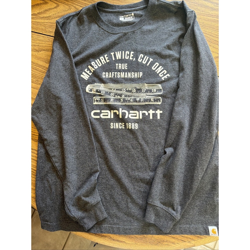 Carhartt Graphic T-Shirt Mens Charcoal Measure Twice Cut Once Long Sleeve L (B)